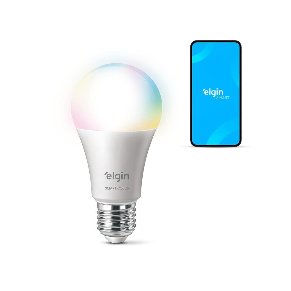 Lâmpada inteligente Elgin Smart Color colorida ao lado de um celular
